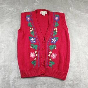 Vintage Orvis Sweater Vest Womens Medium Floral Embroidered Cottage Grandma 80s